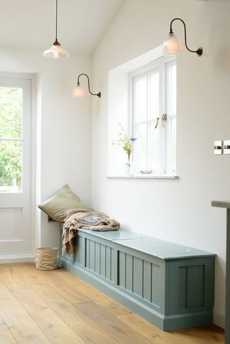 Hallway Bench Seat, Simple Benches, Reclaimed Flooring, Devol Kitchens, Hallway Bench, Bright Rooms, Hallway Storage, Bench Seating, Boot Room