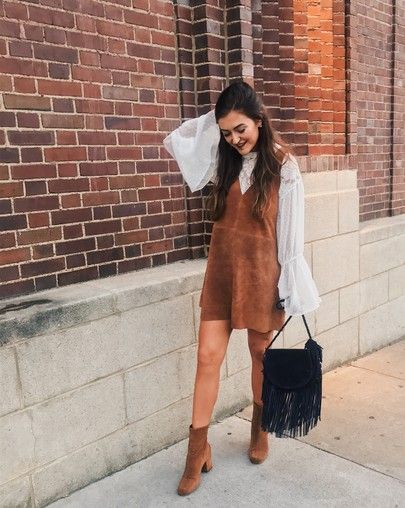 free people suede dress fall outfit, lace shirt, layered 70s style boho Mode Coachella, Stile Boho Chic, Boyfriend Christmas, Outfit 2020, 70s Inspired Fashion, 70s Outfits, Fall Dress Outfit, Suede Dress, Corduroy Dress