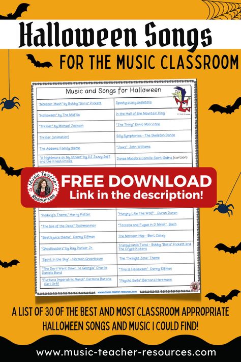 Halloween Music Activities For Upper Elementary, Halloween Music Lessons Elementary, Halloween Songs For Kids, Halloween Music Lessons, Halloween Music Activities, Music Listening Activities, Music Bingo, High School Choir, Halloween Lesson