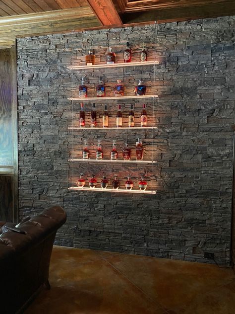 Finally finished the LED lit shelves for a whiskey display in the Home Cigar room!! Whiskey Shelves, Whiskey Room Ideas, Painting Ideas Home, Home Painting Ideas, Drinks Display, Bar Lounge Room, Home Ideas Kitchen, Breezeway Ideas, Bourbon Room