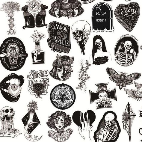 Wicca Tattoo, Vintage Tattoo Art, Tatuagem Masculina Pequena, White Gothic, 4 Tattoo, Tattoo Flash Sheet, Black And White Stickers, Skull Sticker, Tattoo Flash Art