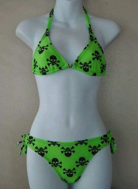 Scene Swimwear, Emo Swimwear, Green Skull, Cross Bones, Scene Fashion, Cute Bathing Suits, 2000s Fashion Outfits, Skull Fashion, Alt Fashion