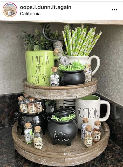 Tired Trays, Coffee Bar Decor Ideas, Coffee Tiered Tray, Halloween Coffee Bar, Halloween Party Essentials, Spells And Potions, Disney Halloween Decorations, Halloween Kitchen Decor, Tiered Tray Diy