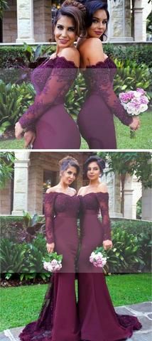 Vestidos Color Uva, Color Uva, Popular Bridesmaid Dresses, Mermaid Long Bridesmaid Dresses, Pretty Bridesmaid Dresses, Beaded Bridesmaid Dress, Mermaid Bridesmaid, Bridesmaid Dresses With Sleeves, Winter Formal Dresses