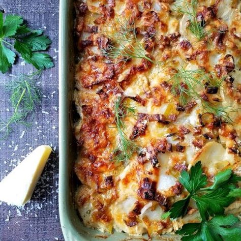 Potato Leek and Fennel Gratin - Give it Some Thyme Potato Leek Gratin, Leek Gratin, Fennel Gratin, Lacto Vegetarian, Leek Recipes, Fennel Recipes, Fall Meals, Potato Leek, Creamy Potato