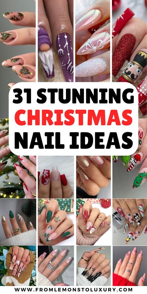 christmas nail art designs Acrylic Nails Ideas For Christmas, Christmas Nail Ideas Square, Santa Nails Christmas, Christmas Almond Nails Ideas, Short Almond Nails Christmas, Christmas Short Nails Design, Christmas Nails With Rhinestones, Christmas Gel Nail Designs, Red Christmas Nails Acrylic