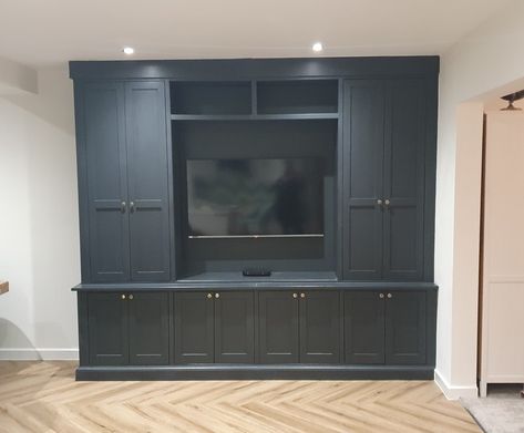 Built In Tv Wall Unit With Cupboards, Tv Wall Cupboard Ideas, Media Wall Hidden Tv, Media Wall With Storage Cupboards, Living Room Hidden Storage, Tv Solutions, Built In Tv Wall Unit, Media Wall Unit, Tv Media Unit