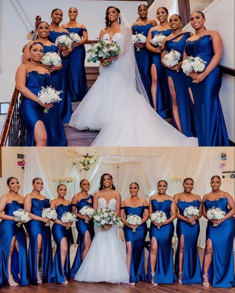 Royal Blue Wedding Theme Bridesmaid Dress, Royal Blue Color Combinations Wedding, Royal Blue And Beige Wedding, Royal Blue And Gold Wedding Theme Bridesmaid Dresses, Blue Wedding Black People, Royal Blue Black And White Wedding, Royal Blue Bridesmaids Dresses, Royal Blue Bridal Party, Blue Bridesmaid Dresses Black Women