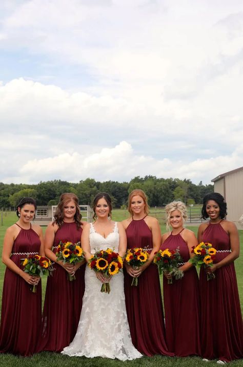 Rustic Glam Backyard Wedding $8K Budget – The Budget Savvy Bride Sunflower Bouquet Wedding Bridesmaid, Sunflower Burgundy Bouquet, Maroon Sunflower Wedding, Sunflower Wedding Bridesmaid Dresses, Sunflower Wedding Dress The Bride, Maroon And Sunflower Wedding, Sunflower Bridesmaid Dresses, Sunflower And Burgundy Wedding, Burgundy And Sunflower Wedding