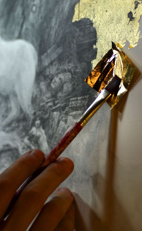 Painting with gold foil would be awesome! Yoann Lossel, Bean Ideas, Environment Painting, Monochromatic Art, Graphite Art, Abstract Painting Techniques, Beautiful Sketches, Gold Leaf Art, Fine Art Painting Oil