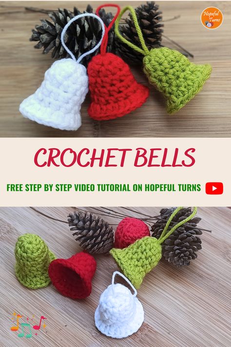 Learn how to make these super simple and quick crocheted Christmas ornaments! You can use crochet bells to decorate your Christmas tree or just make it into a garland or crochet bunting. The bell can be crocheted with any yarn or thread. The size will depend on the yarn and hook used. These are super simple and quick to whip up and are a great use for small scraps of yarn. Even beginners in crochet can try this very easy Crochet Christmas decoration. Enjoy and Happy Holidays to everyone!! Crochet Christmas Snow Globes, Crochet Bells Christmas, Crocheted Christmas Bells, Crocheted Bells Free Patterns, Crochet With Wooden Beads, Easy Crochet Christmas Projects, Crochet Christmas Ornaments Tutorial, Small Crochet Ornaments, Crochet Mini Ornaments