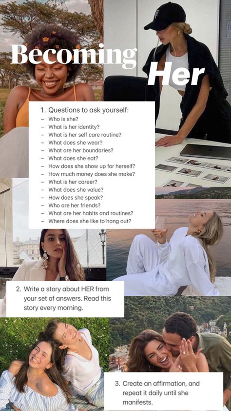 A collage of that IT girl with steps to become her June Vision Board, Dream Self, Healthy Affirmations, Life Goals Future, Affirmation Board, Girl Boss Motivation, Self Healing Quotes, Get My Life Together, Healthy Lifestyle Inspiration