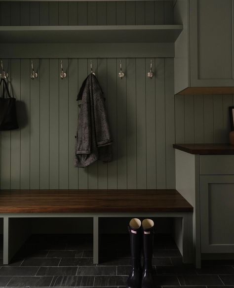 Moody Mud Room, Moody Mudroom, Green Mudroom, Laundry Room/mudroom, Mudroom Closet, Team Green, Mudroom Design, Boot Room, Black Floor