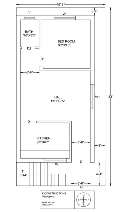 16.5'X33' 1BHK east facing house plan with vastu 1bhk House Plan, East Facing House Plan, Housing Plans, 30x50 House Plans, Flat Plan, Narrow House Plans, 2bhk House Plan, Little House Plans, Building House Plans Designs