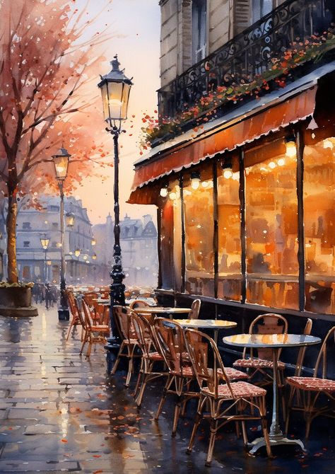 Autumn Restaurant, Paris Art Painting, Cafe Painting, Night Restaurant, Aesthetic Illustrations, Architecture Prints, European Cafe, Bar Music, Scenery Art