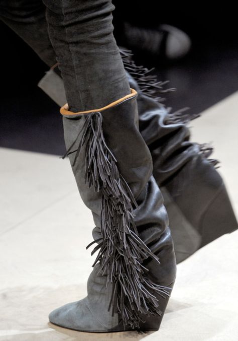 fringe Isabel Marant Runway, Isabel Marant Boots, Dress Boots Women, Suede Fringe Boots, Isabel Marant Shoes, Fringe Heels, Women's Motorcycle Boots, Fringe Boots, Motorcycle Women