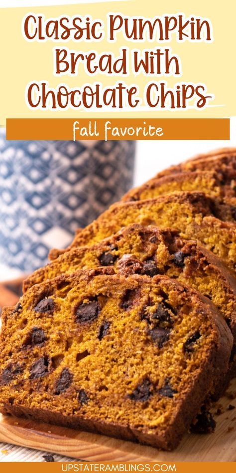 Classic Pumpkin Bread with Chocolate Chips Chocolate Chip Bread Recipe, Upstate Ramblings, Weekend Baking, Breads Recipes, Healthy Pumpkin Bread, Thanksgiving Brunch, Pb Cups, Moist Pumpkin Bread, Chocolate Chip Bread