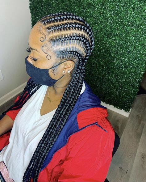 Straight To The Back Feed In Braids, 6 Big Cornrows Braids, 6 Long Feed In Braids To The Back, Corn Rows With Braids, Stitch Cornrows With Curls, Feed Ins Straight Back, 7 Feed In Braids, 6 Feedin Braids Straight Back, 8 Straight Back Feed In Braids