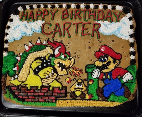 Bowser Cookies, Super Mario Donkey Kong Cake, Bowser Jr Birthday Cake, Mario Cookie Cake, Super Mario Bros Cookie Cake, Bowser Cake, Mario And Bowser, Seventh Birthday, Mario Bros Cake