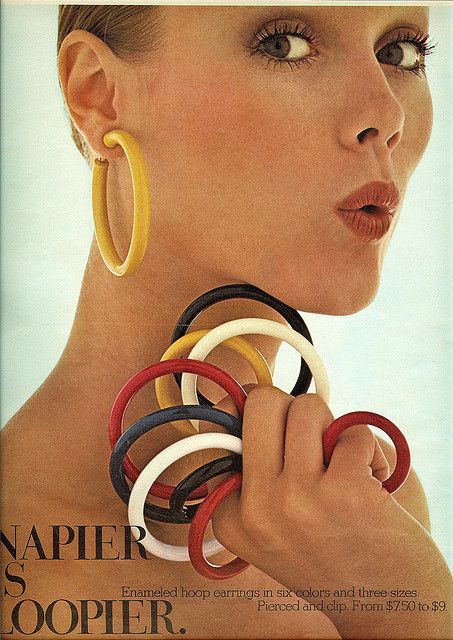 Napier is loopier    From Seventeen, March 1974=  I think i remember trying to use a shower curtain ring! 60s Earrings, 70s Accessories, Mode Rockabilly, 60s Jewelry, Patti Hansen, 70s Jewelry, Vogue Vintage, 60s 70s Fashion, Napier Jewelry