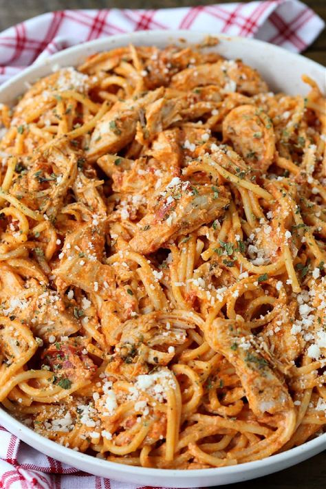 Creamy Chicken Spaghetti, Spaghetti Tomato Sauce, Easy Chicken Spaghetti, Chicken Spaghetti Recipes, Creamy Pasta Dishes, Shredded Chicken Recipes, Creamy Tomato Sauce, Chicken Spaghetti, Yummy Pasta Recipes