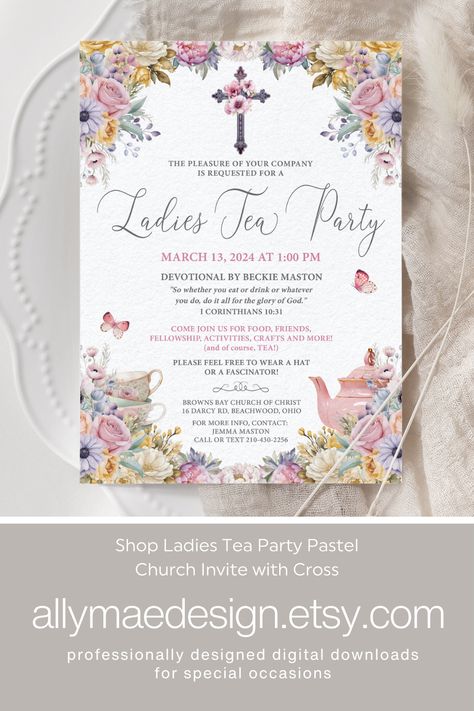 Holding a church fundraiser or social get together? This pretty pastel invite for a tea party with a cross and flowers is the perfect invite for your next event. Personalize the template through CORJL, an easy to use template editor that works in your web browser. Change the fonts and colors, download and print it through your office printer or your local printing shop! Go back and edit as many times as you want and get 8 downloads, ask for more downloads if needed. Women Tea Party Ideas, Tea Party Invites Template, Church Tea Party Ideas Women's Ministry, Womens Gathering, Church Ladies Tea Party, Church Tea Party, Pastel Invitation, Ladies Tea Party, Women Party Ideas