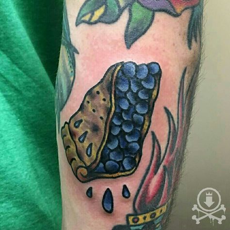 Blueberry pie tattoo by Brendan Poblocki.  #12ozstudios #team12oz #tattoo #tattoos #tattooed #tattooart #tattooartist #tattooshop #newjerseytattoos #phillytattoos #ink #inked #pie #blueberry #blueberrypie #traditionaltattoos #americantraditional #boldwillhold #tattoosformen #tattoosforwomen Blueberry Pie Tattoo, Pie Tattoo, Pie Blueberry, Ghibli Tattoo, Blueberry Pie, Tattoo Inspo, Tattoos And Piercings, Body Art Tattoos, Paw Print Tattoo