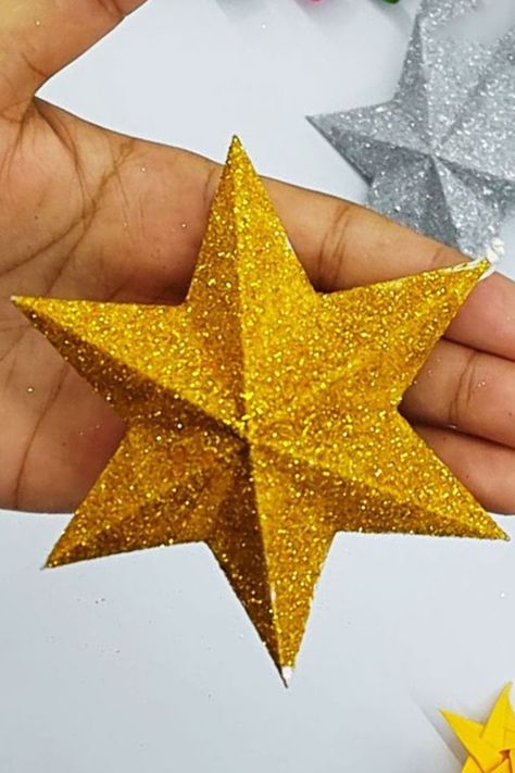 How to make christmas star with paper. Super easy christmas decoration idea .This christmas ornament is made of origami paper. #Star #Christmas #Ornament Star Making With Paper, Christmas Star Crafts, Star For Christmas, Glitter Paper Crafts, Foam Christmas Ornaments, Star Making, Diy Christmas Star, Diy Art Crafts, Star Craft