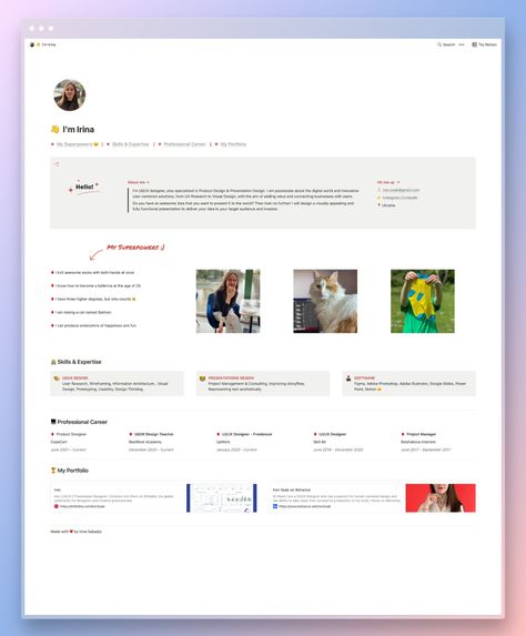 - Created on the MySpace-themed Notion course for beginners on Domestika - #MyNotionSpace. The only course that teaches Notion through creativity, not productivity - Students are unlocking core Notion skills through a design-thinking lens - The final project is a ‘MySpace-style’ profile page you can use as your professional portfolio to wow your future employers/clients - No need to learn Notion alone. Join the inspiring course community filled with hobbyists, creatives & industry professionals. Portfolio Design Notion, Notion Portfolio, Learn Notion, Notion Website, Notion Photographer Template, Notion Dashboard Template, Single Aunt, Curiculum Vitae, Cv Ideas