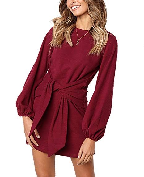 PRETTYGARDEN Women's Elegant Lantern Sleeve Crewneck Wear to Work Midi Dress with Wide Belt Elegant Work Dress, Gaun Koktail, Birthday Dress Women, 파티 드레스, Work Dresses For Women, Long Sweater Dress, Long Sleeve Short Dress, Sweater Dress Women, Formal Dresses For Women