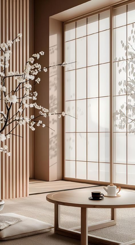 Immerse yourself in tranquility with our Japanese-inspired interior design. Natural wood and traditional shoji screens blend to create a peaceful retreat. Perfect for minimalist lovers! Save & follow us for more serene spaces. Get your art print today. #ZenSpace #MinimalistDesign #JapaneseAesthetics #InteriorInspiration #HomeDecor #imageprompt #Aiimage Japanese Interior Design Zen, Japanese Interior Design Traditional, Tea Room Interior, Serene Spaces, Shoji Screens, Shoji Screen, Asian Architecture, Zen Space, Japanese Interior Design