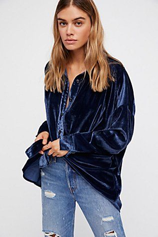 Wesley Velvet Buttondown Top #affiliate #freepeople Blue Velvet Top Outfit, Velvet Top Outfit, November Party, Blue Velvet Shirt, Gothic Celestial, High School Experience, Fashion Tank Tops, Blue Velvet Top, Whimsical Gothic