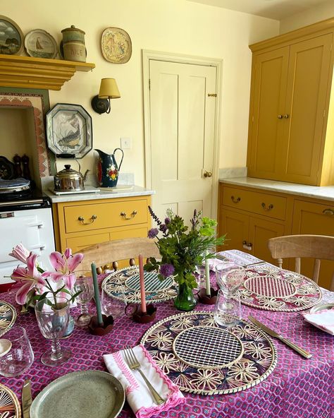 Amy Balfour on Instagram: “I think this purple @wicklewoodlondon tablecloth and their beautiful placemats look so pretty against my yellow kitchen. 😍” Yellow And Purple Kitchen, Amy Balfour, Beautiful Placemats, Kitchen Favorites, Purple Kitchen, My Yellow, Yellow And Purple, Yellow Kitchen, Favorite Kitchen