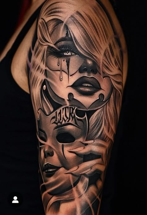 Skull Tattoo Sleeve Women, Tattoo Of A Woman Face, Arm Sleeve Drawing, Dope Leg Tattoos For Women, Inside Leg Tattoo, Louisiana Tattoos, Split Personality Tattoo, Full Leg Tattoos Women Sleeve, Dark Sleeve Tattoos For Women