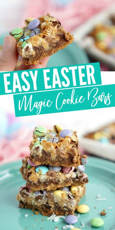 Easy Easter Magic Cookie Bars! Amazing Cookie Bars with Coconut and Peanut Butter! These are my favorite dessert bars for parties and Easter Brunch! Grab all of your ingredients and layer these bars in 5 minutes! Pop them in the oven and bake! Amazing Easter Dessert that Kids will LOVE! #lemonpeony #cookies #easter #magic #cookie #bars #easter #desserts Magic Cookie Bars Recipe, Easter Cookie Bars, Bars With Coconut, Easter M&ms, Easy Easter Cookies, Coconut Oats, Easter Snack, Dessert Easter, Magic Cookie Bar Recipe