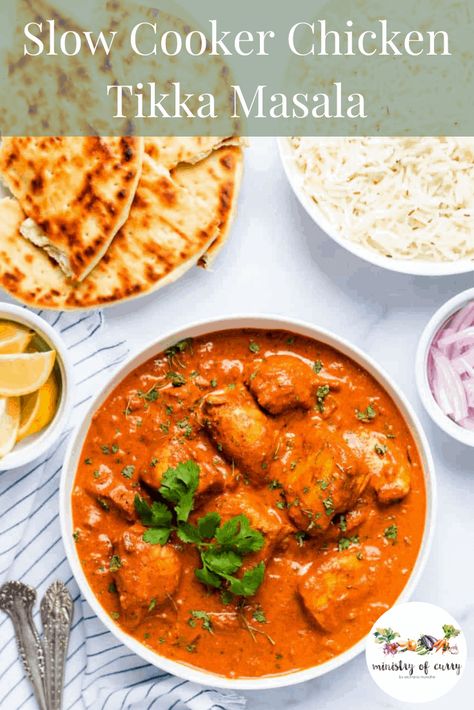 MUST-TRY easy slow cooker Indian recipe! Tender chicken marinated in aromatic spices is simmered in a delicious tomato-based curry for the best Indian meal. rn#ministryofcurry #indianrecipes #slowcookerindianrecipe Slow Cooker Korma, Indian Crockpot Recipes, Tikka Masala Crockpot, Crockpot Chicken Tikka Masala, Slow Cooker Indian, Slow Cooker Tikka Masala, Slow Cooker Chicken Tikka Masala, Indian Meal, Chicken Tikka Masala Recipes