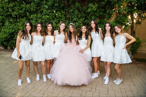 Quinceanera Court Pictures Pink, Pink Quinceanera Theme Chambelanes, Quince Court Dresses, Pink Quince Court, Quince Extras, Quince Photoshoot Ideas With Court, Quinceanera Court Outfits, Backyard Quince, Quinceanera Court Pictures