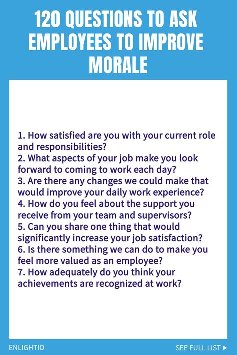 Explore our comprehensive list of 120 insightful questions to boost your employees' morale in the workplace. Asking these questions can help foster a positive work environment and enhance team dynamics. Use these prompts during team meetings, one-on-one sessions, or performance evaluations to show you care about their well-being and professional growth. Improving morale leads to increased productivity, higher job satisfaction, and stronger employee engagement. Download our guide now and watch yo How To Manage Employees, Work Meeting Reflections Quotes, Employee Rounding Questions, One On One Meeting Employee, Employee Check In Questions, Questions To Ask Employees, Underperforming Employees, Self Evaluation Employee, Work Team Building Activities