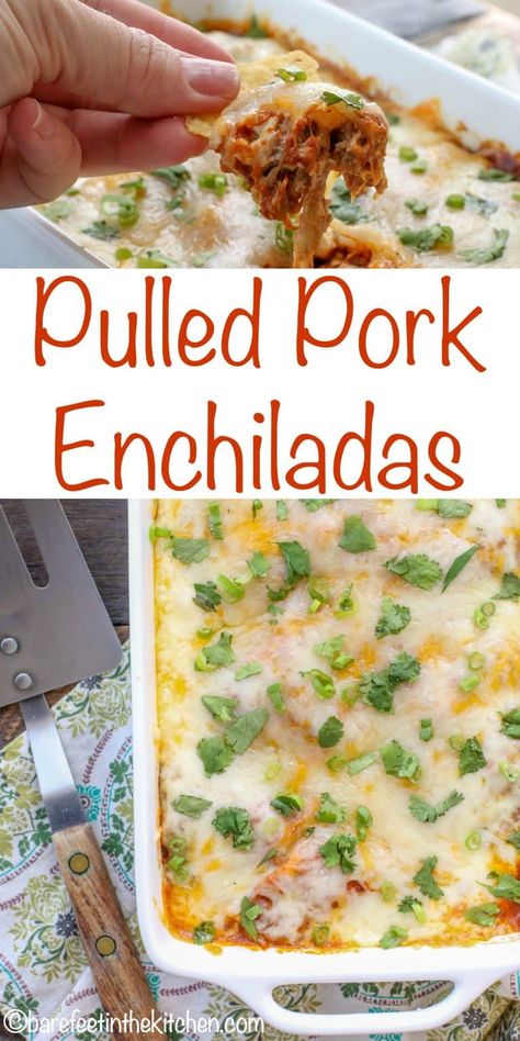 Pulled Pork Enchiladas are cheesy, saucy, spicy, and a hit with everyone! get the recipe at barefeetinthekitchen.com Pulled Pork Leftover, Pork Leftover Recipes, Shredded Pork Recipes, Pulled Pork Enchiladas, Pulled Pork Leftover Recipes, Pork Enchiladas, Pork Casserole, Pulled Pork Leftovers, Leftover Recipes