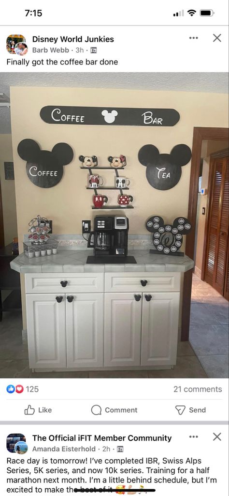 Disney Theme Kitchen, Disney Coffee Bar Ideas, Mickey Mouse Kitchen Ideas, Disney Coffee Bar, Disney Room Ideas For Adults, Disney Apartment, Cobalt Blue Kitchens, Disney Decorations, Disney House Ideas