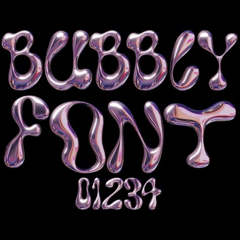 : unique set of 3D alphabets and numbers in a bubbly style, perfect for creating stylish logos, branding, social media posts, and#bubblefont #funwithfonts #creativelettering #typographylove #fontobsessed Bubble Cursive Font, Bubbly Typography Design, Chrome Bubble Letters, Chrome Bubble Font, Bubble Letter Fonts Canva, Y2k Bubble Letters, Canva Chrome Font, 3d Bubble Letters, Canva Words Elements