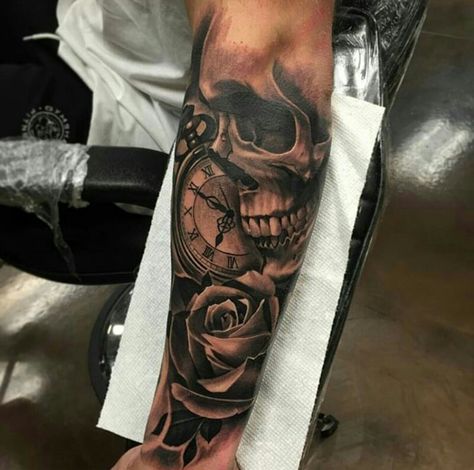 Clock Tattoos, Skull Rose Tattoos, Rose Tattoo Sleeve, Skull Sleeve Tattoos, Skull Sleeve, Skull And Roses, Forarm Tattoos, Cool Arm Tattoos, Scary Tattoos