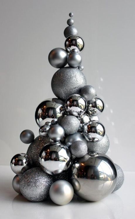 a whimsy Christmas tree of shiny and glitter silver ornaments can be easily DIYed and used as a tabletop one or a centerpiece Unusual Christmas Trees, Silver Christmas Decorations, Modern Christmas Decor, Holiday Tree Decorations, Silver Christmas Tree, Unique Christmas Trees, Silver Blonde, Silver Ornaments, Beautiful Christmas Trees