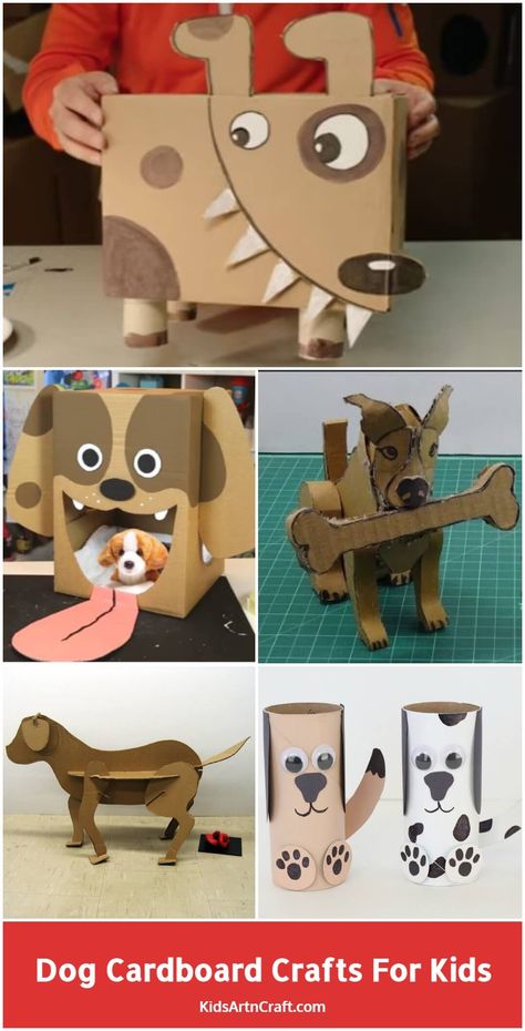 Dog Made Out Of Recycled Materials, Dog Puppet Craft, Dog Craft Ideas, Cardboard Sled, Dog Crafts For Kids, Cardboard Crafts For Kids, Cardboard Dog, Dog Themed Crafts, Dog Bed House