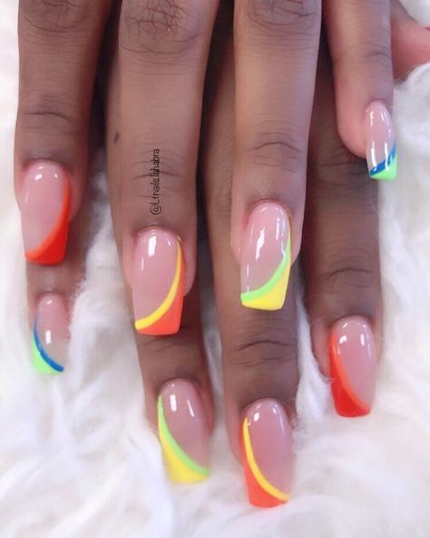 Multi Coloured Tip Nails, Nails With Color Underneath, Multi Coloured Tips Nails, Multicoloured Nails Tips, Coffin Multi Color French Tip, Alternating Color French Tips, Jamaica Nails, Colored French Tips, French Manicure Acrylic Nails