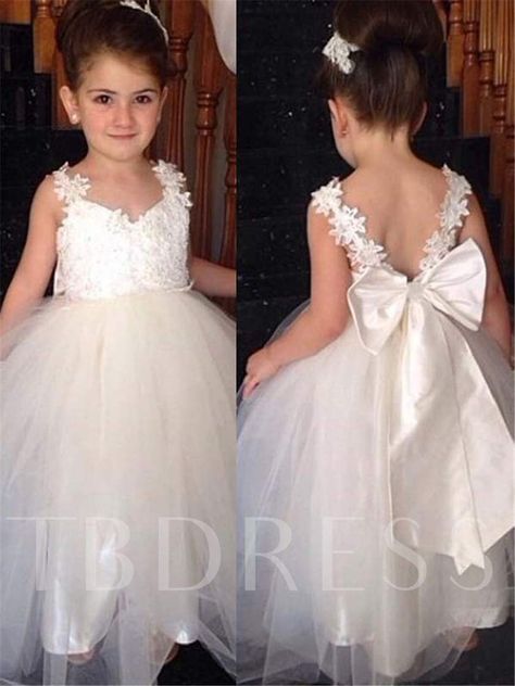 Appliques Straps Bowknot Long Flower Girl Dress Long Flower Girl Dresses, Cheap Flower Girl Dresses, Robes D'occasion, Ivory Flower Girl, Ivory Flower Girl Dresses, Girls Dresses Online, Dresses Australia, Lace Flower Girls