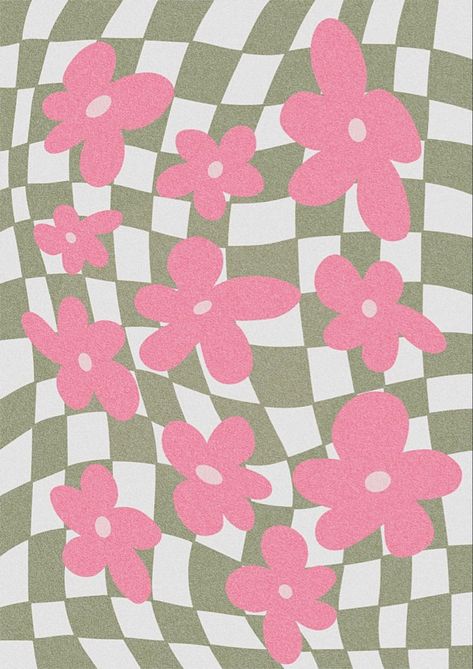 Cute Checkered Wallpaper, Flower Aesthetic Wallpaper, Checkered Wallpaper, Flowers Drawn, Pink And Green Wallpaper, Checker Wallpaper, Wallpaper For Phone, Green Wall Decor, Green Pictures