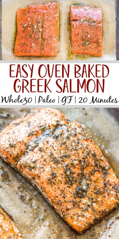 This oven baked Whole30 Greek salmon recipe is an easy way to meal prep or make a quick weeknight meal. It bakes in 15 minutes or cooks in the air fryer in just 10 minutes. This Whole30 salmon is also gluten free, low carb and paleo, so everyone can enjoy it! Lemon juice and a blend of spices like oregano, dill and basil in the marinade will ensure your salmon is bursting with flavor. #whole30salmon #greeksalmon #airfryersalmon #ovenbakedsalmon Healthy Easy Salmon Recipes, Meditterean Salmon Recipes, Light Salmon Recipes, Clean Salmon Recipes, Low Cholesterol Salmon Recipes, Easy Salmon Recipes Baked Healthy, Salmon Recipes Paleo, Seasoning For Salmon Baked, Greek Baked Salmon