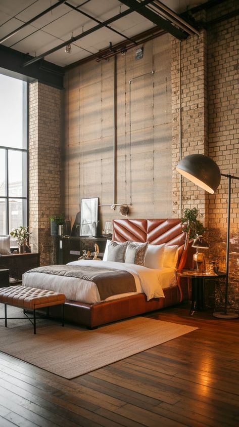 21 Modern Industrial Bedroom Ideas to Inspire - DIYCozy: Nails, Decor, DIY, Gardening, Holidays Modern Industrial Bedroom Ideas, Industrial Bedroom Ideas, Modern Industrial Bedroom, Pretty Dorm Room, Industrial Artwork, Metal Shelving Units, Moody Bedroom, Industrial Bedroom, Coastal Bedrooms