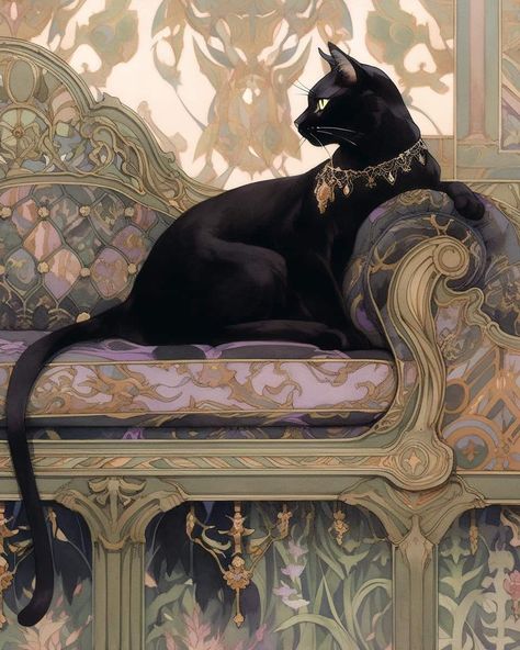 Royal Cat Aesthetic, Witch Cat Drawing, Egyptian Black Cat, Witch Cat Art, Mythical Cat, Rich Cat, Cat Crown, Art Deco Cat, Cat Queen